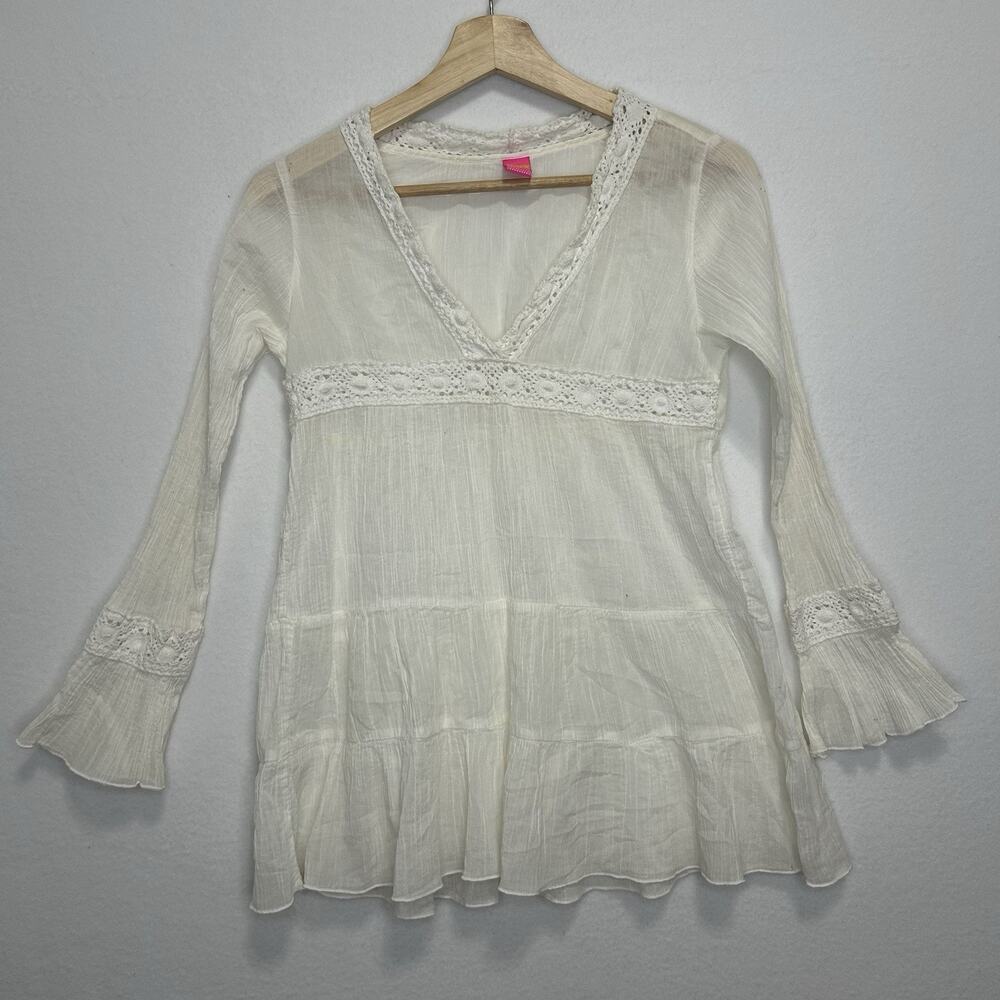 Embroidered Cotton V Neck Lace Bell Sleeve Festival Whimsy Tiered Womens XS,S